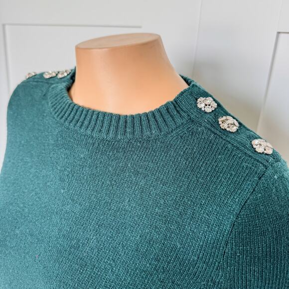 J. Crew, Teal/Green Crewneck Sweater w/ Jeweled Buttoned Shoulders-Women’s Small - Picture 9 of 9